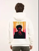 Unisex Baskılı Oversize Üç İplik Kapüşonlu Sweatshirt - Beyaz thumbnail 2