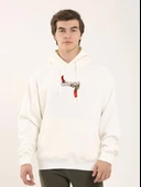 Unisex Baskılı Oversize Üç İplik Kapüşonlu Sweatshirt - Beyaz thumbnail 1