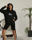 Unisex Sırt Baskılı Kapüşonlu Üç İplik Oversize Sweatshirt - Siyah thumbnail 3