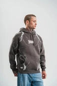 Double Oversize Kapşonlu Şimşek Pano Baskılı SweatShirt - Füme thumbnail 1