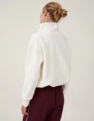 Oversize Yarım Farmuarlı Yakalı Basic SweatShirt - Beyaz thumbnail 3