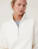 Oversize Yarım Farmuarlı Yakalı Basic SweatShirt - Beyaz thumbnail 4