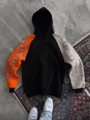 Üç İplik Penye Kapşonlu Parçalı SweatShirt - Siyah thumbnail 1