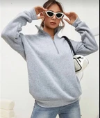 Unisex Uzun Kol Yarım Farmuarlı Yakalı Basic SweatShirt - Gri thumbnail 2