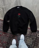 Oversize Üç İplik Bisiklet Yaka Baskılı SweatShirt - Siyah thumbnail 4