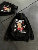 Üç İplik Penye Uzun Kol Kapşonlu Baskılı SweatShirt - Siyah thumbnail 3