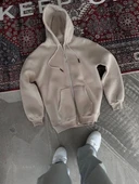 Oversize Tam Fermuarlı Uzun Kol Hırka - Bej thumbnail 2