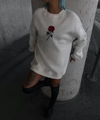 Oversize Üç İplik Bisiklet Yaka Baskılı SweatShirt - Beyaz thumbnail 2