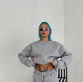 Kışlık Bisiklet Yaka Üç İplik Basic SweatShirt - Gri thumbnail 1