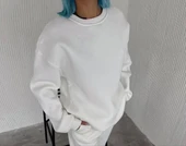 Kışlık Bisiklet Yaka Üç İplik Basic SweatShirt - Beyaz thumbnail 2