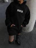 Uzun Kol Kapüşonlu Göğüs Baskılı SweatShirt - Siyah thumbnail 1