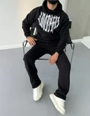 Uzun Kol Kapüşonlu Baskılı SweatShirt - Siyah thumbnail 7