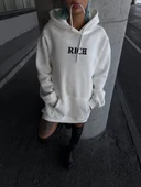 Uzun Kol Kapüşonlu Göğüs Baskılı SweatShirt - Beyaz thumbnail 1