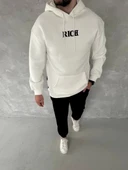 Uzun Kol Kapüşonlu Göğüs Baskılı SweatShirt - Beyaz thumbnail 1