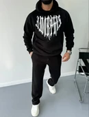 Uzun Kol Kapüşonlu Baskılı SweatShirt - Siyah thumbnail 5