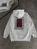 Uzun Kol Kapüşonlu Ön Ve Arka Baskılı SweatShirt - Beyaz - 5