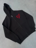 Üç İplik Baskılı Fermuarlı Kapüşonlu Hırka - Siyah thumbnail 1