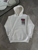 Uzun Kol Kapüşonlu Ön Ve Arka Baskılı SweatShirt - Beyaz - 4