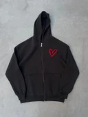 Üç İplik Baskılı Fermuarlı Kapüşonlu Hırka - Siyah thumbnail 2