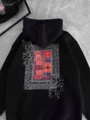 Uzun Kol Kapüşonlu Ön Ve Arka Baskılı SweatShirt - Siyah thumbnail 3