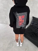 Uzun Kol Kapüşonlu Ön Ve Arka Baskılı SweatShirt - Siyah thumbnail 8