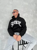 Unisex Üç İplik Kapüşonlu Baskılı SweatShirt - Siyah thumbnail 3