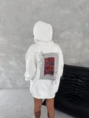 Uzun Kol Kapüşonlu Ön Ve Arka Baskılı SweatShirt - Beyaz - 1