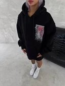 Uzun Kol Kapüşonlu Ön Ve Arka Baskılı SweatShirt - Siyah thumbnail 7