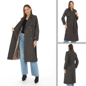 Kadın Balık Sırtı Kaşmir Uzun Kaşe Kaban - Kahverengi - 6