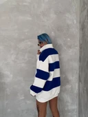 Unisex Üç İplik Parçalı Yakalı SweatShirt - Mavi thumbnail 4