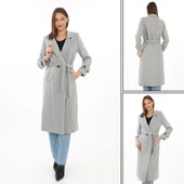 Kadın Astarlı Balık Sırtı Kaşmir Kaşe Kaban - Gri - 8