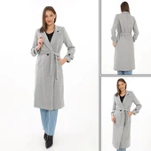 Kadın Astarlı Balık Sırtı Kaşmir Kaşe Kaban - Gri - 6