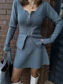 İkili Fermuarlı Hırkalı Etekli Takım - Füme thumbnail 1