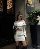 Straplez , Madonna , Carmen Yaka Croplu Mini Etekli ikili Takım Triko - Beyaz thumbnail 2