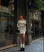 Straplez , Madonna , Carmen Yaka Croplu Mini Etekli ikili Takım Triko - Beyaz thumbnail 8