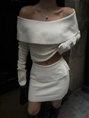 Straplez , Madonna , Carmen Yaka Croplu Mini Etekli ikili Takım Triko - Beyaz thumbnail 1