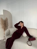 V Yaka 3 Düğmeli Hırka Takım Triko İkili Etekli - Bordo - 4