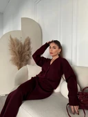 V Yaka 3 Düğmeli Hırka Takım Triko İkili Etekli - Bordo - 3