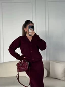 V Yaka 3 Düğmeli Hırka Takım Triko İkili Etekli - Bordo - 1