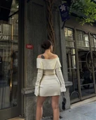 Straplez , Madonna , Carmen Yaka Croplu Mini Etekli ikili Takım Triko - Beyaz thumbnail 4