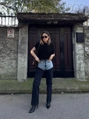 Kadın Jeans Kot Parçalı Palazzo Pantolon - Siyah thumbnail 4