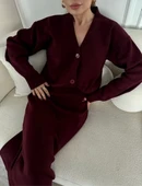 V Yaka 3 Düğmeli Hırka Takım Triko İkili Etekli - Bordo - 6