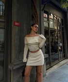 Straplez , Madonna , Carmen Yaka Croplu Mini Etekli ikili Takım Triko - Beyaz thumbnail 6