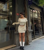 Straplez , Madonna , Carmen Yaka Croplu Mini Etekli ikili Takım Triko - Beyaz thumbnail 7