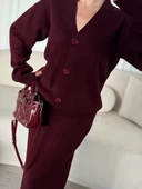 V Yaka 3 Düğmeli Hırka Takım Triko İkili Etekli - Bordo - 7