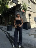 Kadın Arkadan Yırtmaçlı Jeans Kot Palazzo Pantolon - Siyah thumbnail 5