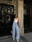 Kadın Arkadan Yırtmaçlı Jeans Kot Palazzo Pantolon - Mavi thumbnail 1