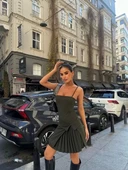 İki Parçalı Pileli Askılı Kadın Mini Elbise - Haki thumbnail 5