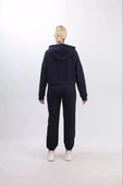 iki iplik Kapüşonlu Fermuarlı Crop Oversize Hırka Takım- Lacivert - 4