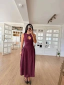 Kolsuz Uzun Kabardin Elbise - Bordo thumbnail 1